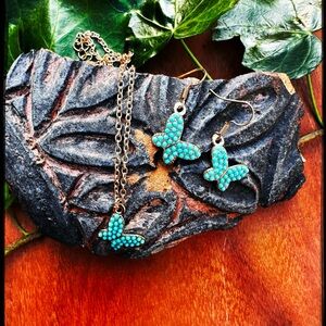 Turquoise Butterfly Pendant Necklace & Earrings Set
